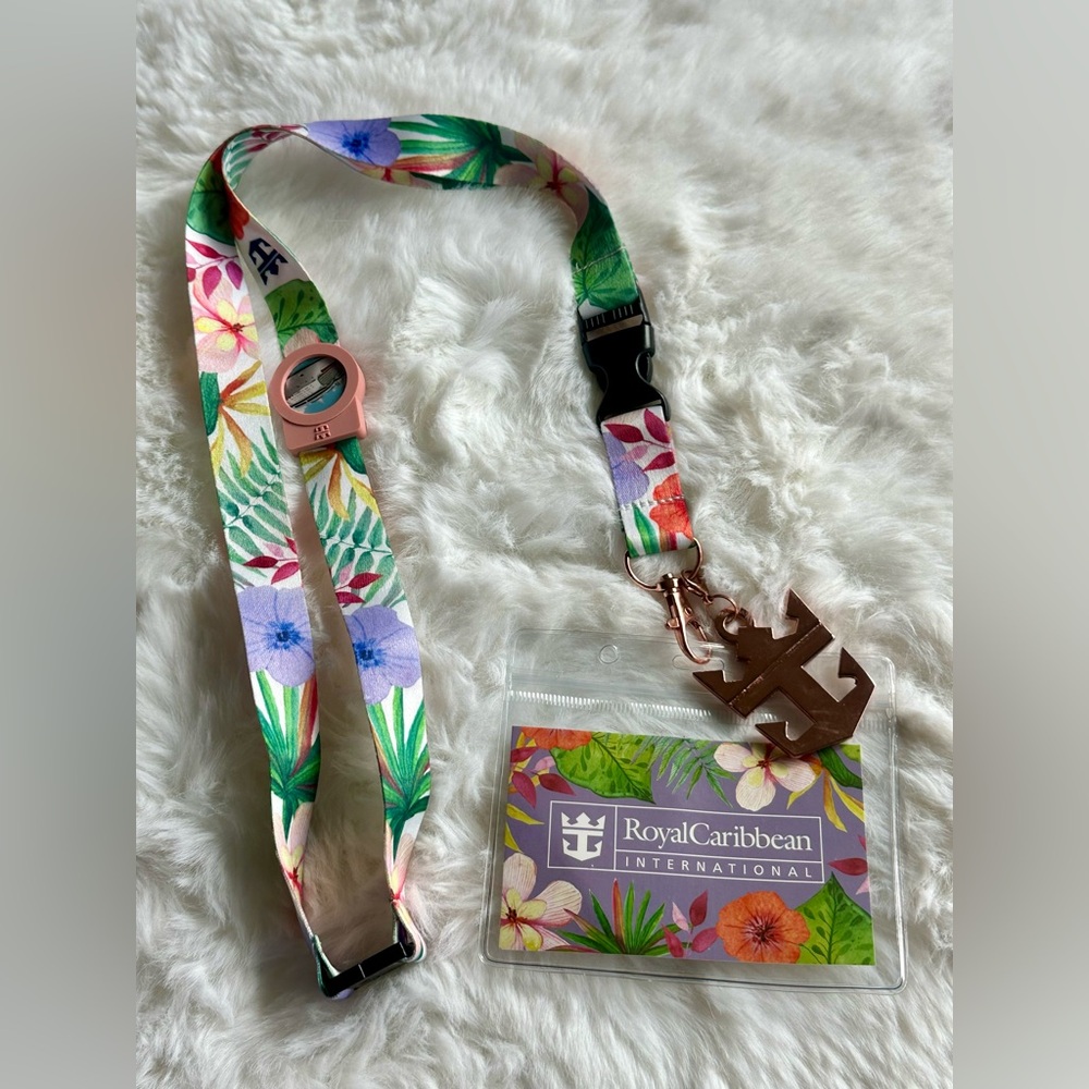 Royal Caribbean Tropical Floral Lanyard with Rose Gold colored Anchor